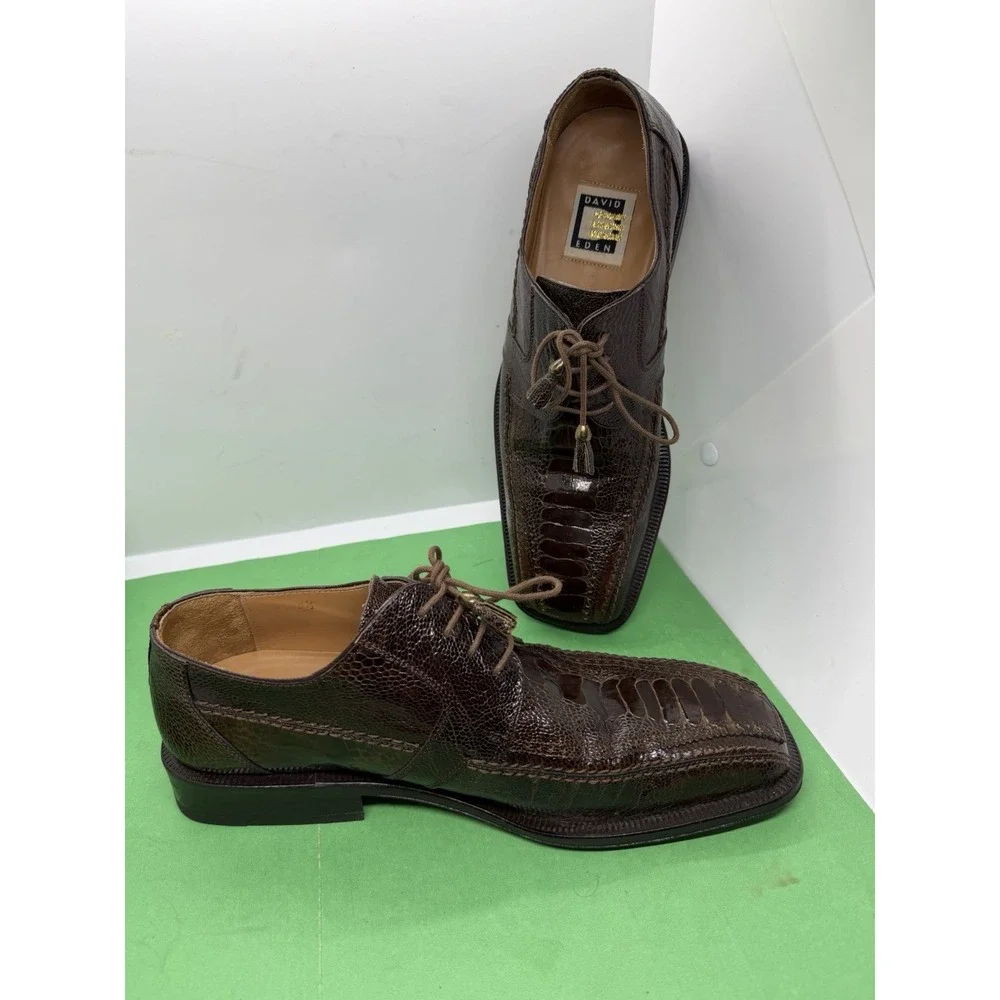 David Eden Mens Genuine Lizard Leather Derby Brown Dress Shoes 8.5 Luxury Spain